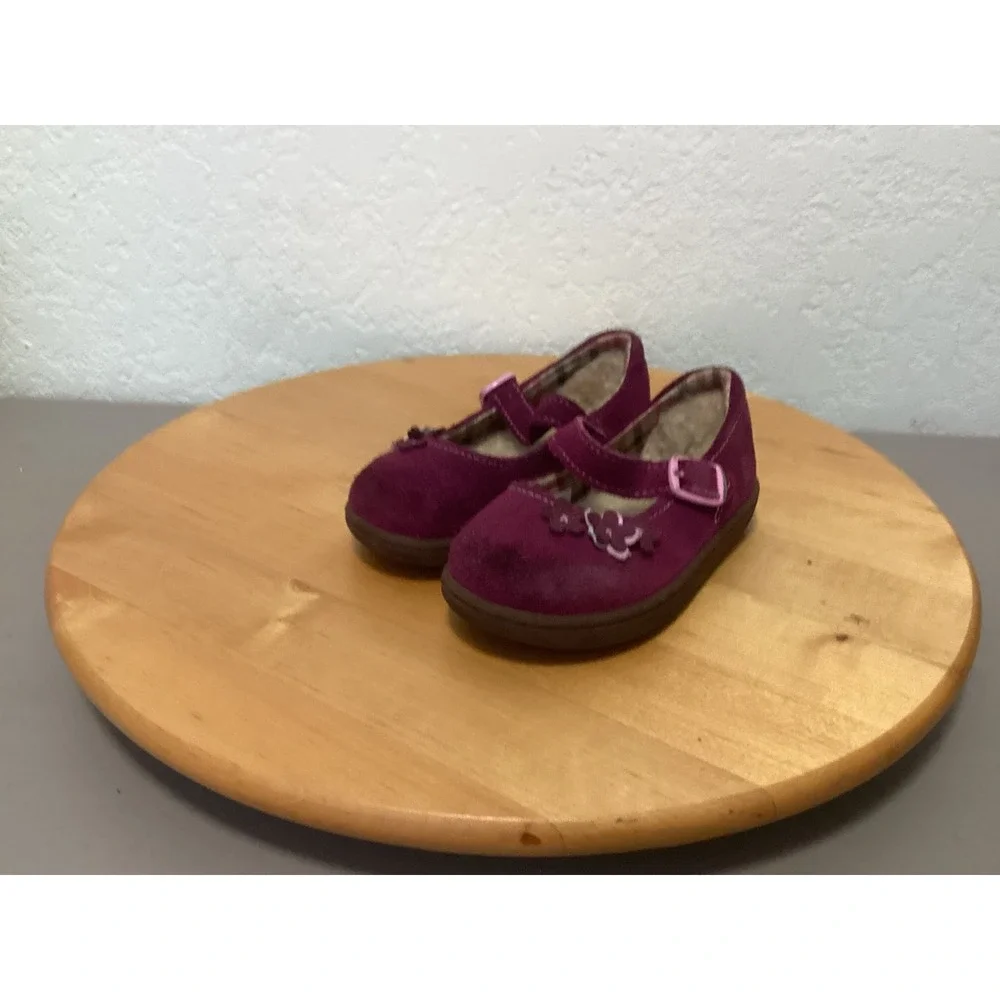 UGG Mary Jane Shoes Kids Size 7 Magenta Purple Suede Shearling Flower Applique